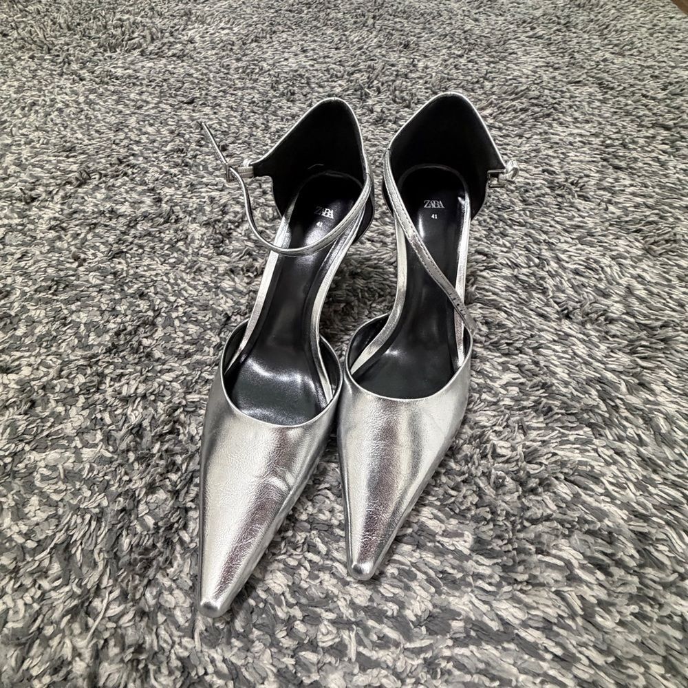 Zara Silver Women's Ankle Strap Heels Size 41/10 - Picture 3 of 9